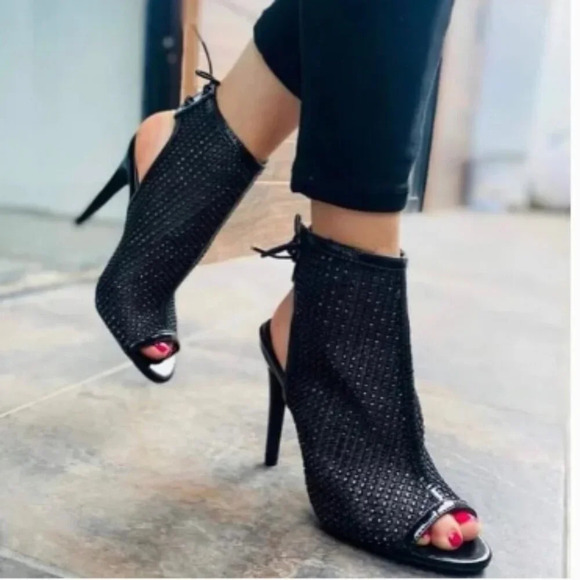 Sexy Black Peeptoe Rhinestone Mesh Strappy Lace Up High Heel Booties Size 7.5 - Picture 1 of 7